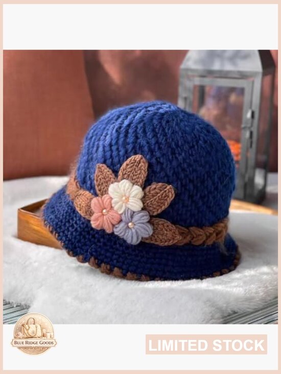 Winter Knitted Beanie with Flower Embroidery, Retro Warm Hat for Women, Y2K main image 5